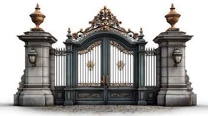 Ornate grand entrance gates featuring detailed metalwork and stone pillars with elegant lighting fixtures