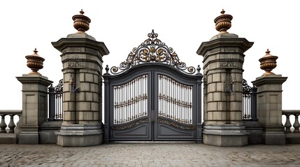 Grand ornate estate entrance gate with stone pillars and decorative urns