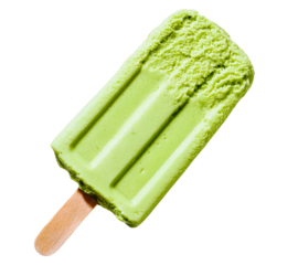 A single refreshing green ice pop with a textured surface and wooden stick isolated on transparent background