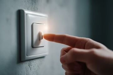 Hand pressing light switch to turn on a warm glow in a dimly lit room