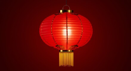 Obraz premium Illuminated Red Lantern with Gold Trim - A glowing red lantern, symbolizing hope, celebration, tradition, warmth, and good fortune, hangs against a dark red background