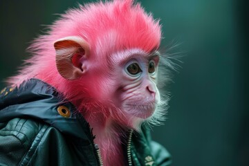 Pink furred monkey wearing a stylish biker jacket, creating a striking and fashionable primate portrait