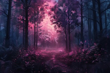 Magical pink glow illuminates forest path with fireflies at sunset