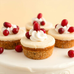 Watercolor painting of three chocolate cupcakes with white frosting and red cranberries holiday dessert close up