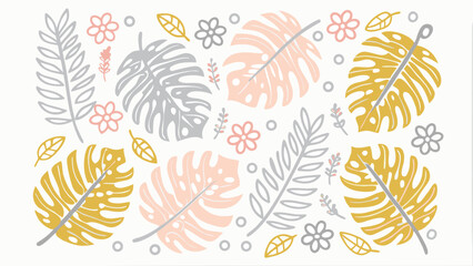 Illustration of monstera leaves, flowers, and foliage in pink, yellow, and gray tones on white background