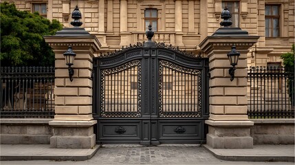 Ornate black wrought iron gates guarding a grand stone building with elegant lampposts
