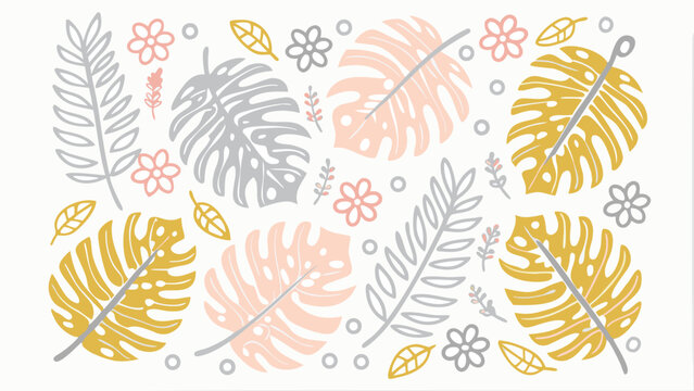 Illustration of monstera leaves, flowers, and foliage in pink, yellow, and gray tones on white background