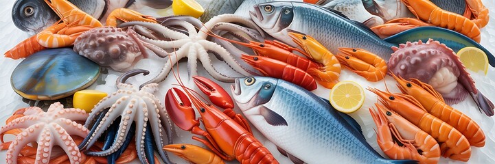 Assortment of fresh seafood including fish shrimp lobster octopus and lemon slices
