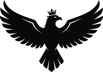 A regal black eagle soars majestically, its wings spread wide and a crown perched atop its head in this stunning logo illustration symbol.