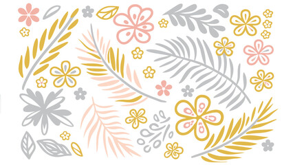 Fototapeta premium Floral arrangement featuring pink and yellow flowers and gray leaves on a white background