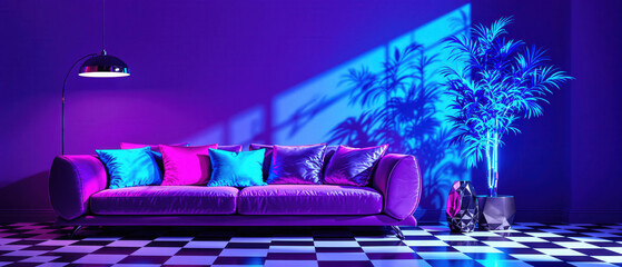 Un salon raffiné et lumineux au style minimaliste et élégant. Un canapé aux lignes épurées est placé contre un mur clair, flanqué de coussins ton sur ton. Deux tableaux géométriques encadrés décorent 