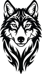 Naklejka premium Majestic wolf head illustration showcases intricate tribal tattoo design in monochrome, perfect for wildlife and nature themes.