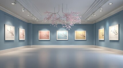 Empty art gallery room with light blue walls and framed prints.