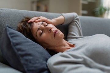 Middle aged woman is lying sofa, appearing to be discomfort with her hand her forehead. setting is cozy, with soft pillows and blurred background, conveying sense of relaxation despite her
