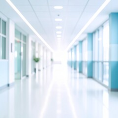 Obraz premium Bright, empty defocused hospital corridor background with copy space.