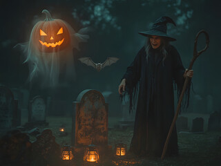 graveyard on Halloween night has witches and ghosts.
