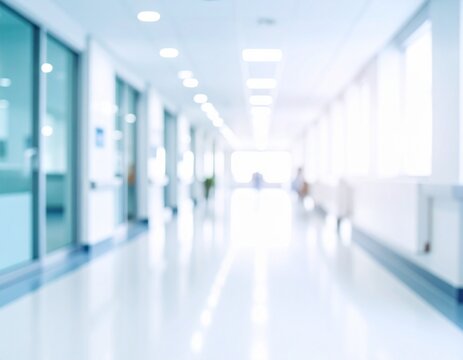 Bright, empty defocused hospital corridor background with copy space.