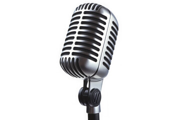 Vintage microphone vector illustration, retro mic image, silver microphone graphic, karaoke equipment, music recording studio isolated on transparent background