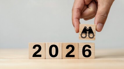 Hand placing wooden blocks to show the vision for the year 2026