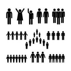 Collection of black human silhouette icons showing groups, teamwork, and individual poses. Perfect for infographics, business, and social design concepts.