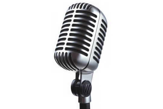 Vintage microphone vector illustration, retro mic image, silver microphone graphic, karaoke equipment, music recording studio isolated on transparent background - Powered by Adobe