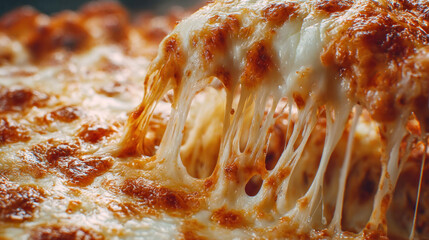 macro shot, stretchy melted mozzarella forming cheesy strands over bubbling sauce, fresh texture and golden highlights