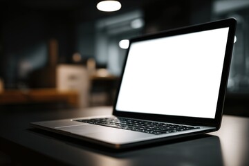 Laptop on a desk in a modern workspace during evening hours with soft lighting conveying a calm atmosphere