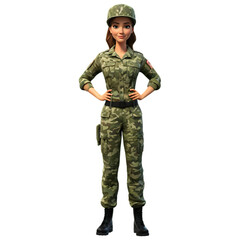 Fototapeta premium A confident 3D female soldier character in camouflage posing with hands on hips - AI Generated
