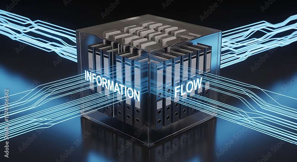 Poster conceptual illustration depicting information flow and data processing within a digital environment