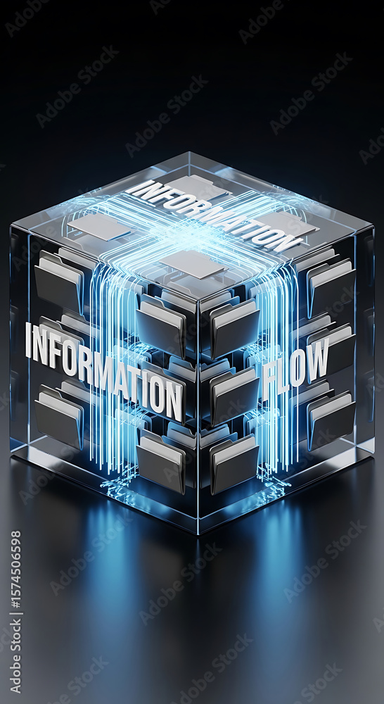 Poster conceptual image depicting information flow and data processing within a futuristic digital framewor