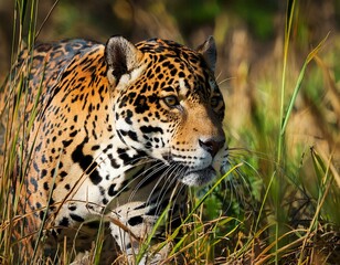 Obraz premium stunning jaguar panthera onca prowling through long grass