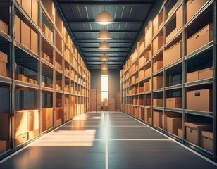 Fototapeta premium modern storage facility interior with shelving units and cardboard boxes in minimalist design