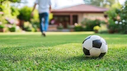 Obraz premium Soccer ball on a grassy lawn with a house in the background.