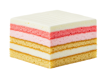 A layered cubic cake featuring white pink and yellow sponge layers on a black backdrop