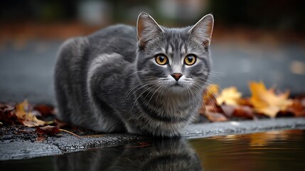 A curious grey tabby cat with striking yellow eyes sits by a puddle reflecting autumn leaves