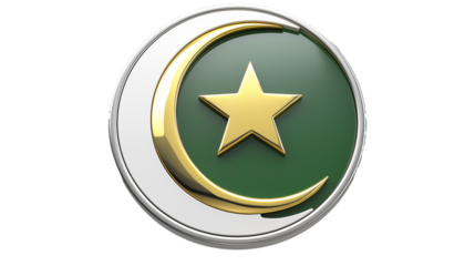 A detailed emblem featuring a golden crescent moon and star on green field
