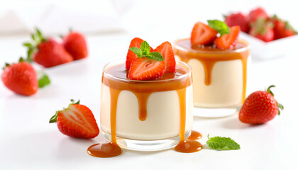 Creamy Dessert with Strawberries, and Caramel.