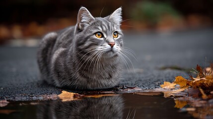 A curious tabby cat with bright amber eyes sits attentively beside a puddle reflecting autumn leaves