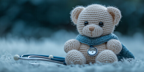 A knitted teddy bear with a stethoscope around its neck sitting on a fluffy surface in a blurred background