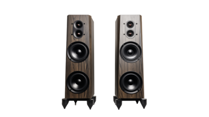 Two tall speakers with wooden finish standing side by side on a black background
