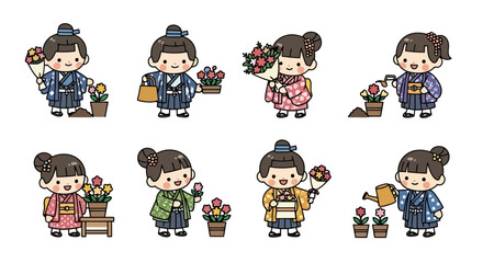 Charming Children with Flowers: A Kawaii Illustration Set