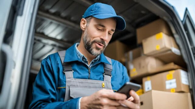Delivery Driver Using Smartphone: A focused delivery driver, wearing a blue cap and work overalls, sits amidst boxes in the back of a delivery van, diligently checking his smartphone.