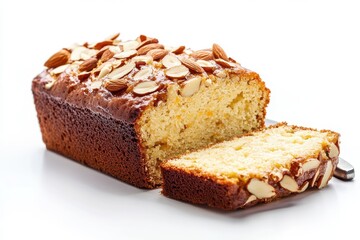 A beautiful photograph of an orange and almond loaf cake.