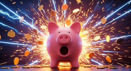 Pink piggy bank surrounded by exploding gold coins financial growth savings concept