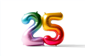 Colorful number balloons forming the number twenty five on a plain white studio background image view