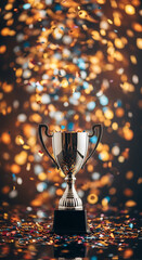 Shiny trophy cup surrounded by colorful confetti celebrates achievement and success beautifully