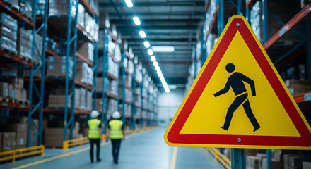 Warehouse safety concept with caution sign and workers during order fulfillment