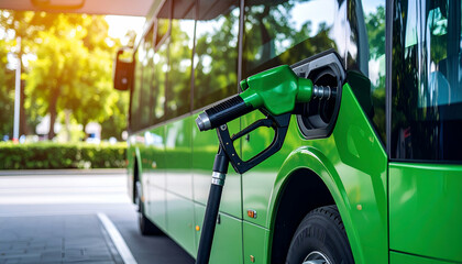 Green bus refueling at station.