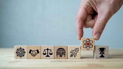 Building success with wooden blocks and business growth symbols