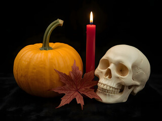 Halloween skull and pumpkin ghost on black background